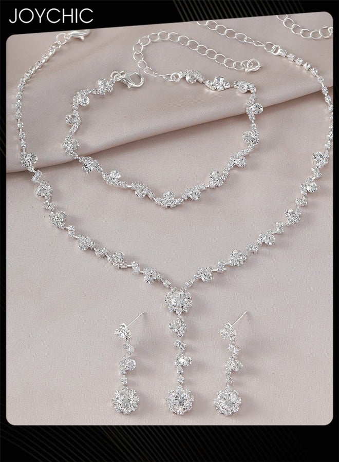 Joychic 3 Piece Fashionable Simple Full Diamond Women Clavicle Chain Necklace Earrings Bracelet Set - Image 2