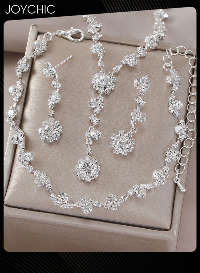 Joychic 3 Piece Fashionable Simple Full Diamond Women Clavicle Chain Necklace Earrings Bracelet Set - Image 3