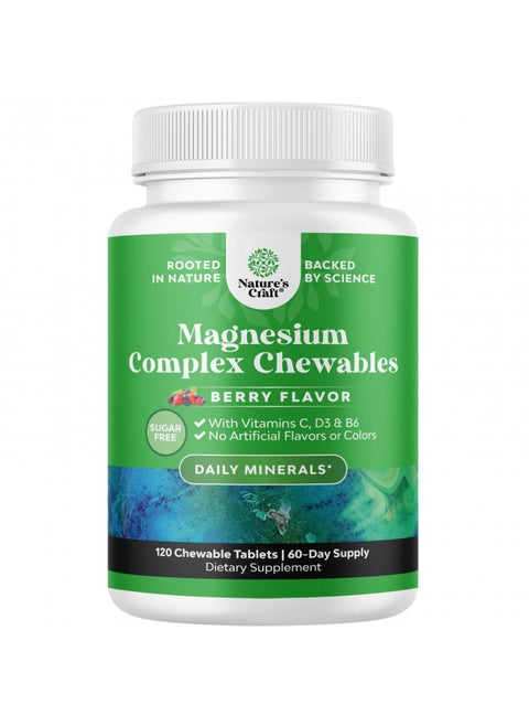 Sugar Free Magnesium Glycinate Chewable - Chewable Magnesium for Adults & Kids with Glycinate Taurate & Citrate Complex Plus Vitamins D3 B6 & C - Vegetarian Non-GMO & No Artificial Flavors (60 Day)
