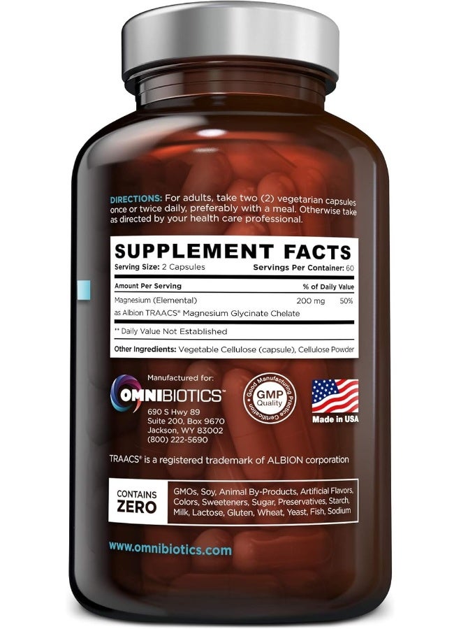 OmniBiotics Magnesium Glycinate Pure Albion TRAACS Bisglycinate Chelate Supplement - 200mg - 120 Vegetarian Capsules - Image 2