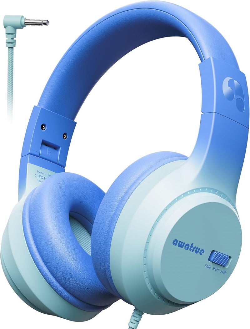 awatrue Kids Headphones with Cord for School, 74/85/94dB Volume Limit, Wired Over-Ear Headphones for Kids Boys Girls, Stereo Sound 3.5mm Jack for Tablet, Kindle, YOTO Player, Airplane Travel, Blue - Image 1