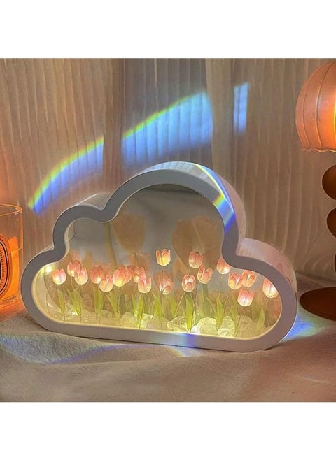 DIY Tulip Night Light, 20 Flowers Cloud Tulip Lamp, 2-in-1 Mirror with Lights DIY Tulip Lamp, Simulation Flower Bedroom Sleeping Table Lamp (Pink)