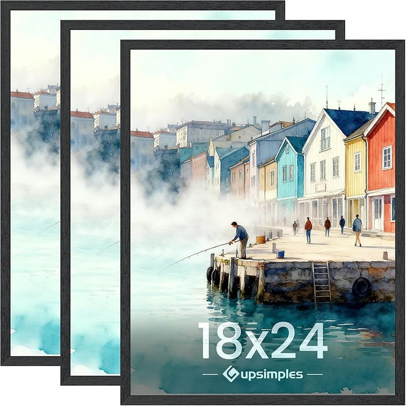 upsimples 18x24 Frames 3 Pack, Black Wood Grain MDF Large Picture Frame with Vertical & Horizontal Wall Hanging, Fits Posters, Art Prints & Gallery Wall - Image 1
