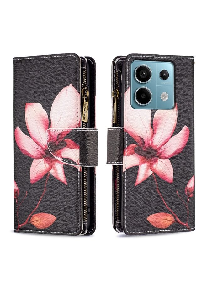 HuHa Case Cover For Xiaomi Poco M6 Pro 4G Colored Drawing Pattern Zipper Leather Phone Case Lotus 