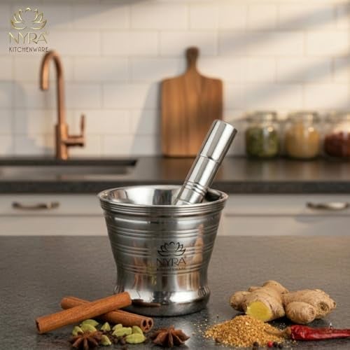 Nyra® Stainless Steel Mortar & Pestle Set | Khalbatta | Imam Dasta | Spice Mixer | Khaldasta | Okhli Masher | Kharal | Idi Kallu | Khal Musal | Imam Dasta | Home & Kitchen | - Image 3