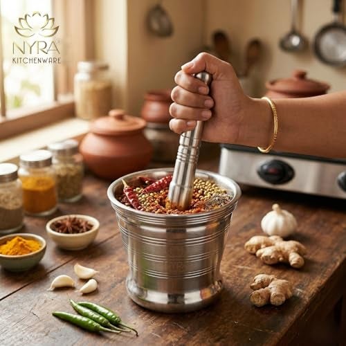 Nyra® Stainless Steel Mortar & Pestle Set | Khalbatta | Imam Dasta | Spice Mixer | Khaldasta | Okhli Masher | Kharal | Idi Kallu | Khal Musal | Imam Dasta | Home & Kitchen | - Image 2