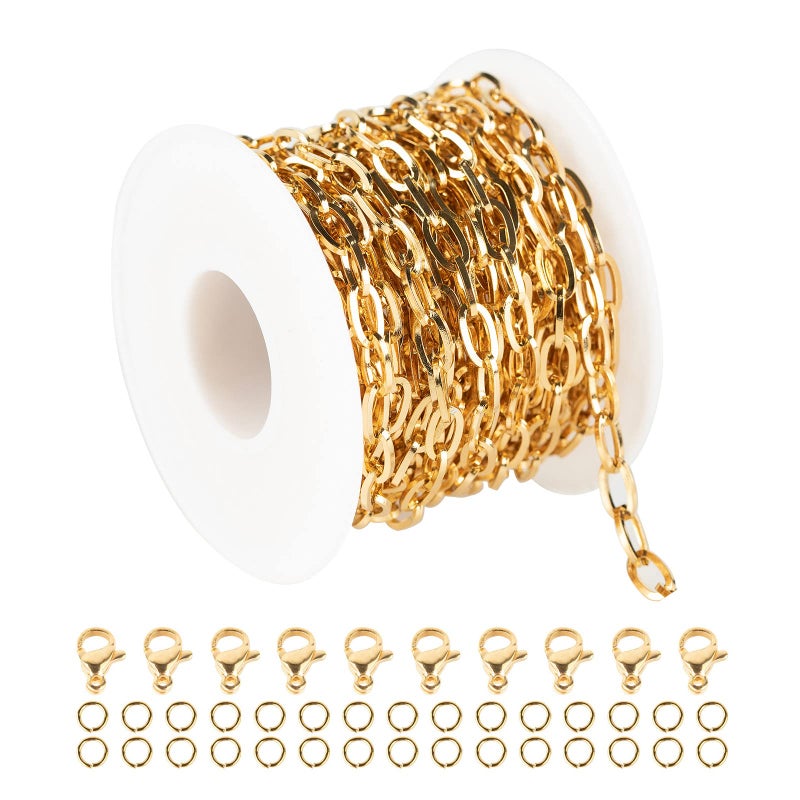 YOUBEIYEE 164 Feet Gold Plated Stainless Steel Chain Link Oval Paperclip Necklace Chain Bulk with Jump Rings Lobster Clasps for DIY Necklace Bracelet Choker Jewelry Making