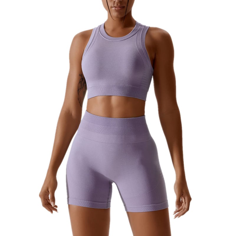 ABOCIW Workout Sets for Women Seamless Racerback Sport Bra Padded Yoga Tank Tops Tummy Control High Waist Biker Shorts Gym Yoga 2 Piece Outfits Lilac Medium