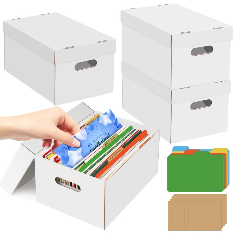 HIMOMO 4Pack Greeting Card Storage Box, Greeting Card Organizer Box with 20 Dividers Holds 600 Cards+, Large Capacity Greeting Card Holder with 4 Sticker Labels White Card Box for Postcards, Photos, Envelope - Image 1