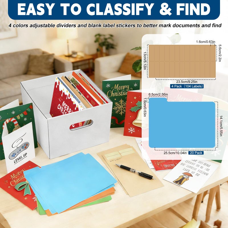 HIMOMO 4Pack Greeting Card Storage Box, Greeting Card Organizer Box with 20 Dividers Holds 600 Cards+, Large Capacity Greeting Card Holder with 4 Sticker Labels White Card Box for Postcards, Photos, Envelope - Image 3