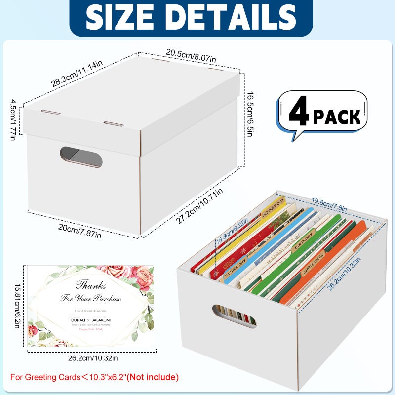 HIMOMO 4Pack Greeting Card Storage Box, Greeting Card Organizer Box with 20 Dividers Holds 600 Cards+, Large Capacity Greeting Card Holder with 4 Sticker Labels White Card Box for Postcards, Photos, Envelope - Image 2