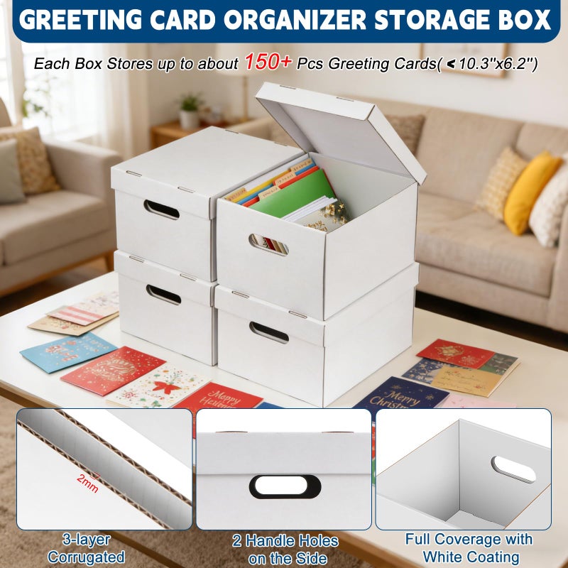 HIMOMO 4Pack Greeting Card Storage Box, Greeting Card Organizer Box with 20 Dividers Holds 600 Cards+, Large Capacity Greeting Card Holder with 4 Sticker Labels White Card Box for Postcards, Photos, Envelope - Image 4
