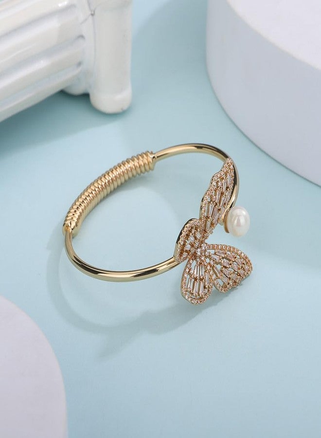 Aimimier Crystal Pearl Bracelet Sparkling Butterfly Bangle Dainty Open Cuff Wedding Wrist Jewelry for Women (Gold-Clear) - Image 3