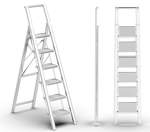 SOLADDER 6 Step Ladder Folding Step Stool with Handgrip and AntiSlip Wide Pedal Portable Lightweight Aluminum Stepladder for Kitchen Home Library Office 300 lbs Capacity  White