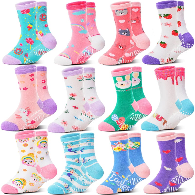 Welwoos Baby Girls Toddlers Grips Socks Kids Non Slip Anti Skid Funny Animal Cartoon Gift Cotton Socks with Grippers 12 Pairs Stocking Stuffers (Flower,1-3 Y) - Image 1