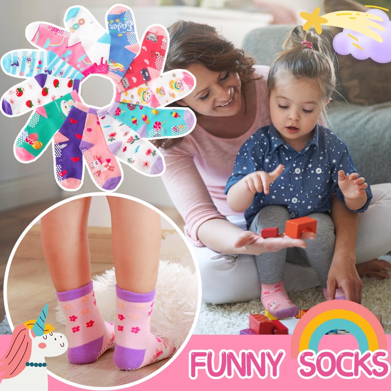 Welwoos Baby Girls Toddlers Grips Socks Kids Non Slip Anti Skid Funny Animal Cartoon Gift Cotton Socks with Grippers 12 Pairs Stocking Stuffers (Flower,1-3 Y) - Image 3