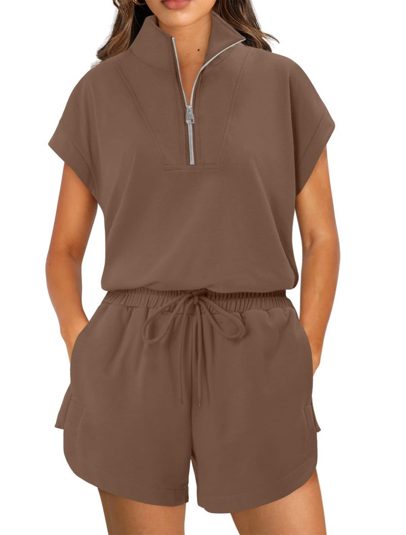 KISSMODA Two Piece Sets for Women Sweatsuit Half Zip Casual Tracksuits Short Sleeve Pullover Tops and Shorts 2026 Lounge Outfits Coffee Small