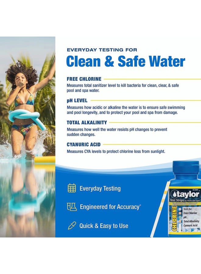 Taylor S-1401, 4-in-1 Pool and Spa Test Strips for Free Chlorine, pH, Total Alkalinity, & Cyanuric Acid, 50 Test Strips, Quick & Easy Water Testing | Made in The USA - Image 3