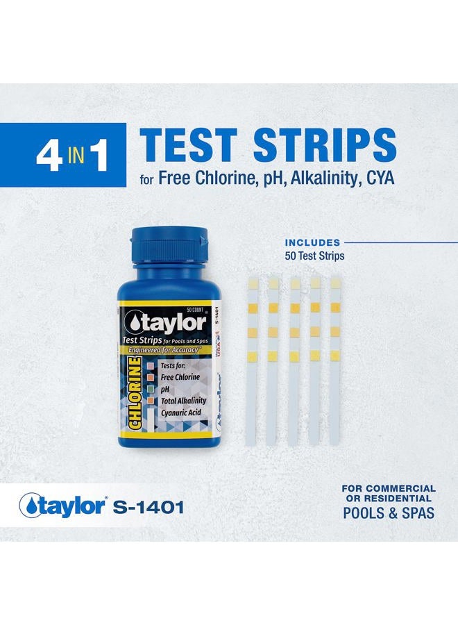 Taylor S-1401, 4-in-1 Pool and Spa Test Strips for Free Chlorine, pH, Total Alkalinity, & Cyanuric Acid, 50 Test Strips, Quick & Easy Water Testing | Made in The USA - Image 2