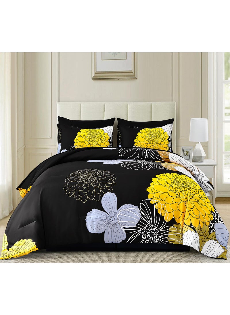 YIRAN 7 Pieces King Yellow Black Comforter Set Bed in a Bag Floral Bedding Set Soft Microfiber Comforter (1 Comforter 1 Flat Sheet 1 Fitted Sheet 2 Pillowshams 2 Pillowcases)  - Image 1