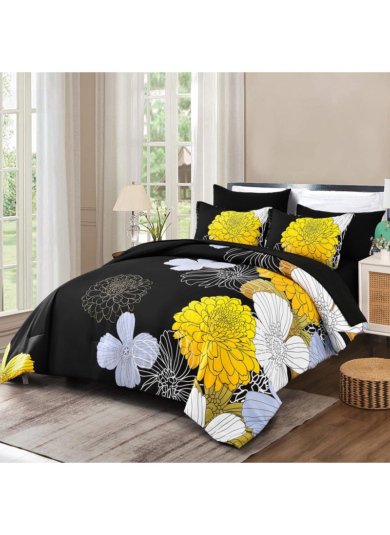 YIRAN 7 Pieces King Yellow Black Comforter Set Bed in a Bag Floral Bedding Set Soft Microfiber Comforter (1 Comforter 1 Flat Sheet 1 Fitted Sheet 2 Pillowshams 2 Pillowcases)  - Image 2
