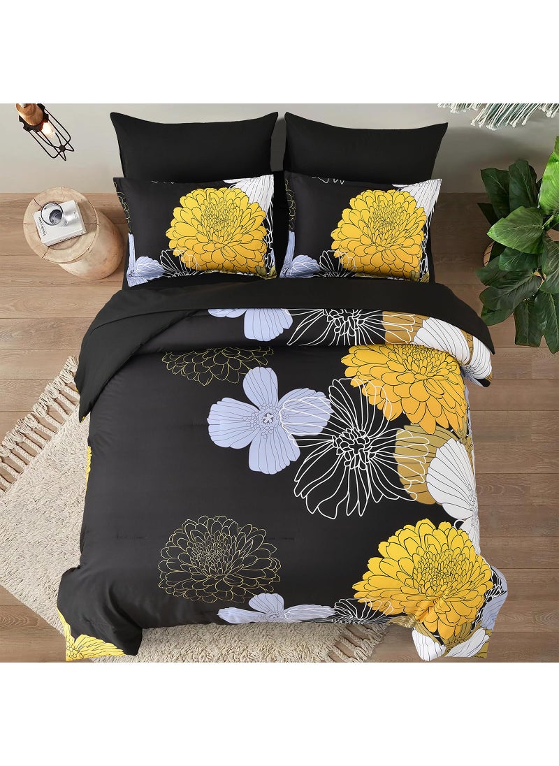 YIRAN 7 Pieces King Yellow Black Comforter Set Bed in a Bag Floral Bedding Set Soft Microfiber Comforter (1 Comforter 1 Flat Sheet 1 Fitted Sheet 2 Pillowshams 2 Pillowcases)  - Image 4