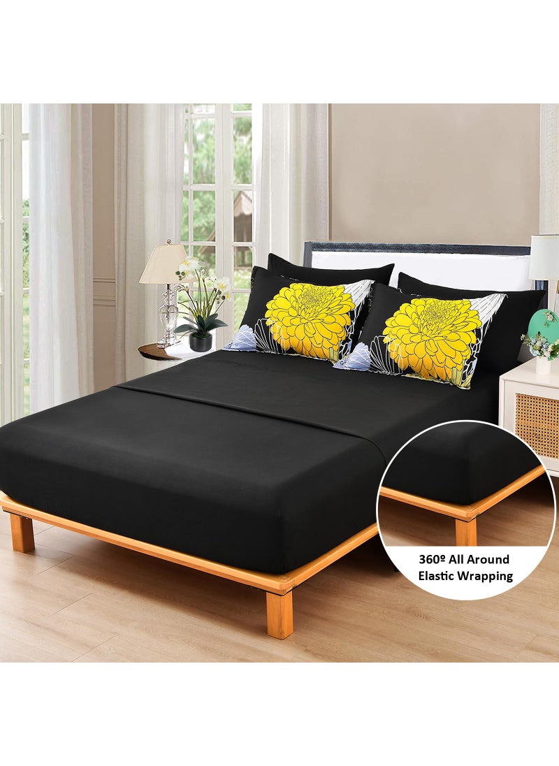 YIRAN 7 Pieces King Yellow Black Comforter Set Bed in a Bag Floral Bedding Set Soft Microfiber Comforter (1 Comforter 1 Flat Sheet 1 Fitted Sheet 2 Pillowshams 2 Pillowcases)  - Image 5