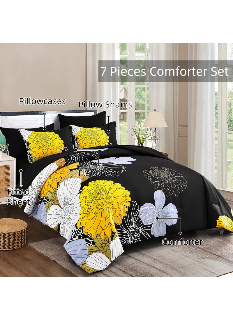 YIRAN 7 Pieces King Yellow Black Comforter Set Bed in a Bag Floral Bedding Set Soft Microfiber Comforter (1 Comforter 1 Flat Sheet 1 Fitted Sheet 2 Pillowshams 2 Pillowcases)  - Image 3