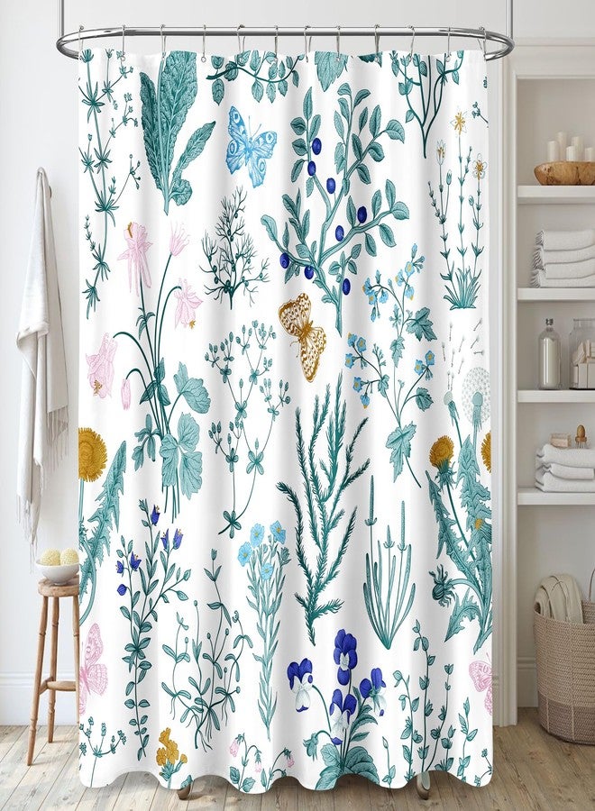 MAYZUS Extra Long Shower Curtain, 72 x 96 Inch, Floor to Ceiling Tall Teal Floral Fabric, Cute Botanical Herbs Flower Butterfly Aesthetic Bathroom Shower Curtain - Image 1