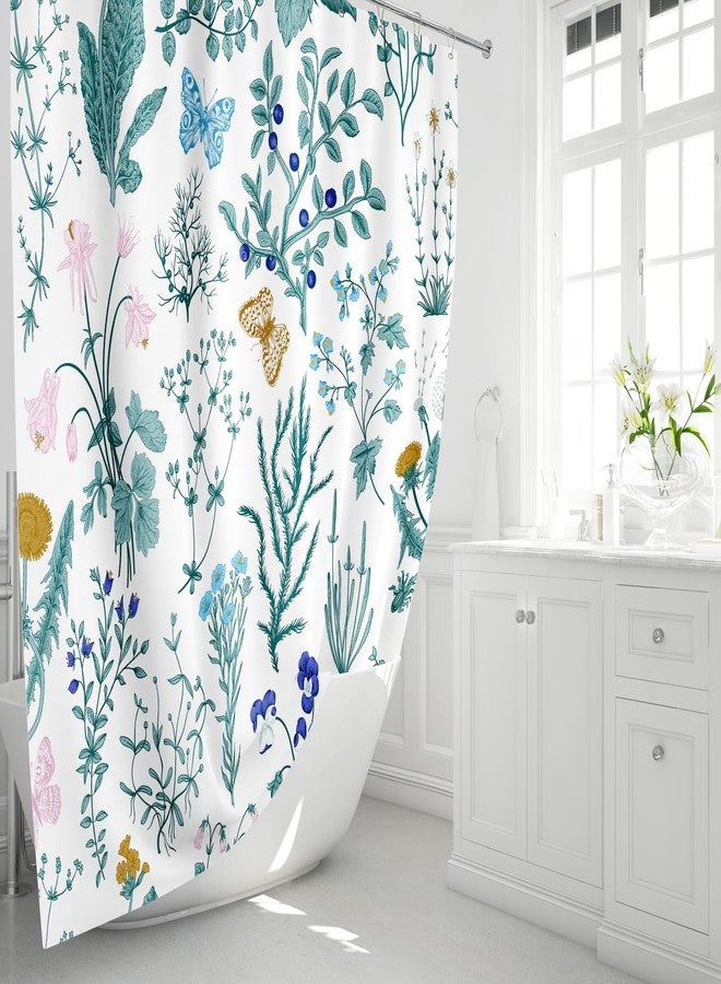 MAYZUS Extra Long Shower Curtain, 72 x 96 Inch, Floor to Ceiling Tall Teal Floral Fabric, Cute Botanical Herbs Flower Butterfly Aesthetic Bathroom Shower Curtain - Image 2