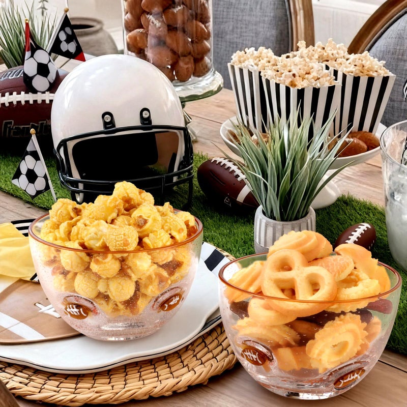 Potchen 2 Pcs Football Glass Snack Bowls, 14oz Clear Candy Serving Dishes with Bubble Design, Small Serving Bowls for Chips Popcorn Candy, Football Game Party Table Decorations - Image 2