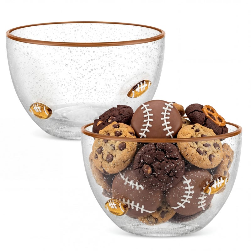 Potchen 2 Pcs Football Glass Snack Bowls, 14oz Clear Candy Serving Dishes with Bubble Design, Small Serving Bowls for Chips Popcorn Candy, Football Game Party Table Decorations - Image 1