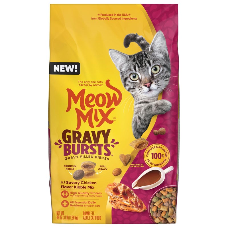 Meow Mix Gravy Bursts Dry Cat Food, Chicken, 3 LB Bag - Image 1