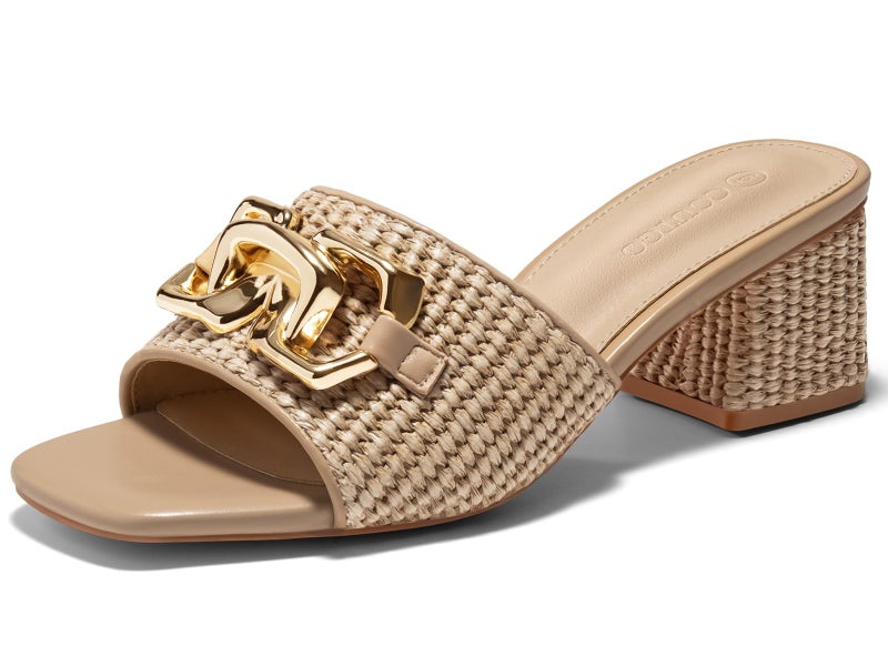 Coutgo Womens Raffia Slide Sandals Chunky Block Heeled Square Open Toe Metal Chain Slip on Mules Dressy Shoes, Coffee, Size 9 - Image 1