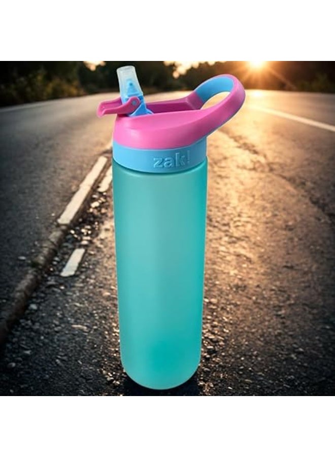 زجاجة مياه وعصير متينة 800 مل، زجاجة رياضية بلاستيكية خالية من BPA مع مقبض مانعة للتسرب، زجاجة شرب محمولة لصالة الالعاب الرياضية والسفر في الهواء الطلق والمدرسة والمكتب، زجاجة ترطيب اللون : أزرق وفوشيا - Image 1