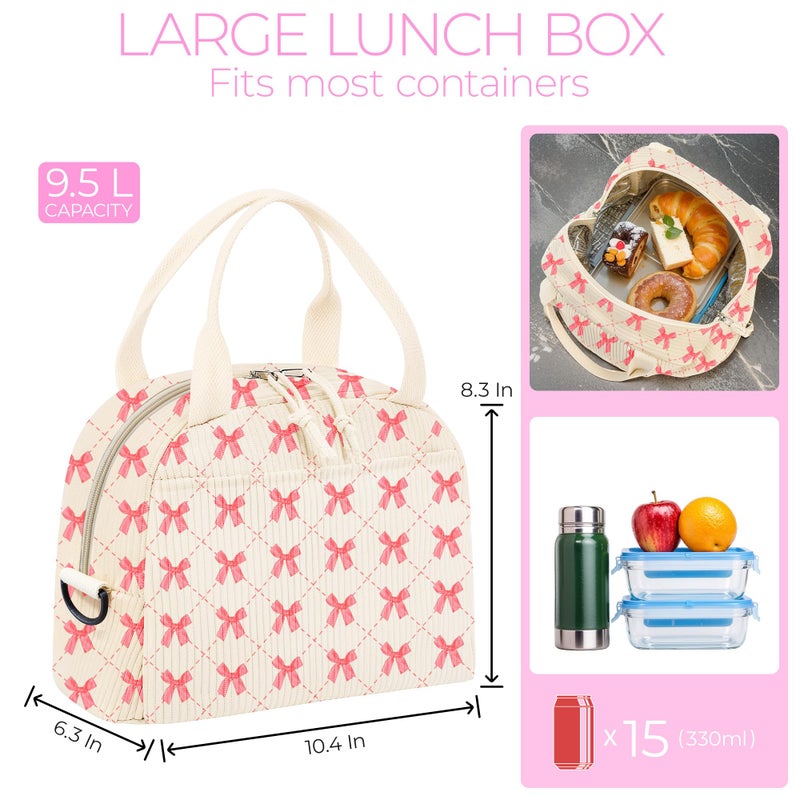 WOBAGMEN Lunch Box for Women,Lunch Bag Cute Corduroy Insulated Lunch Box With Shoulder Strap for Adult Womens for Work Picnic (pink bow) - Image 2