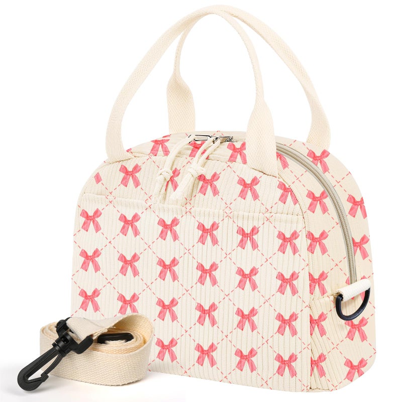 WOBAGMEN Lunch Box for Women,Lunch Bag Cute Corduroy Insulated Lunch Box With Shoulder Strap for Adult Womens for Work Picnic (pink bow) - Image 1