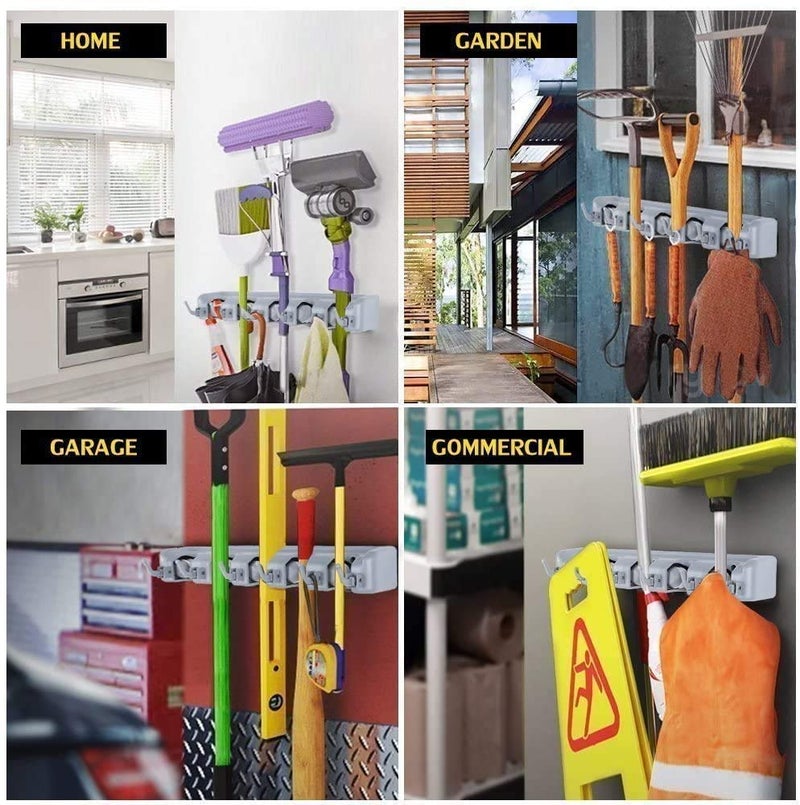 T TOPLINE Mop and Broom Holder Upgraded with Effective Strong Holding 5 Slot Position with 6 Hooks Garage Storage up to 11 Tools Wall Mounted Organize Ideas Standard Size Broom Holder - Image 3