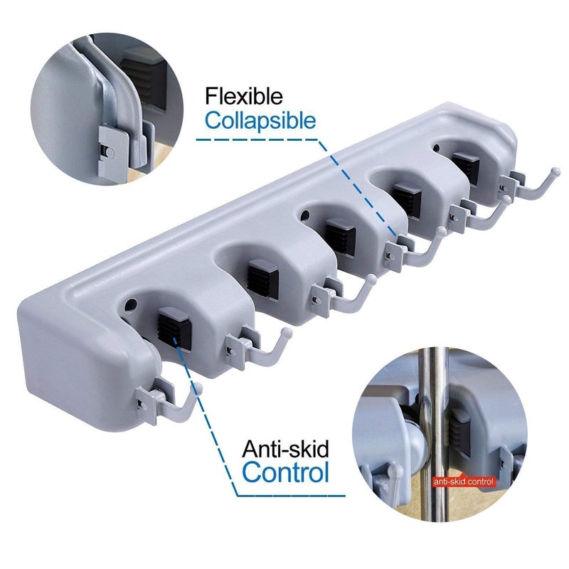 T TOPLINE Mop and Broom Holder Upgraded with Effective Strong Holding 5 Slot Position with 6 Hooks Garage Storage up to 11 Tools Wall Mounted Organize Ideas Standard Size Broom Holder - Image 5