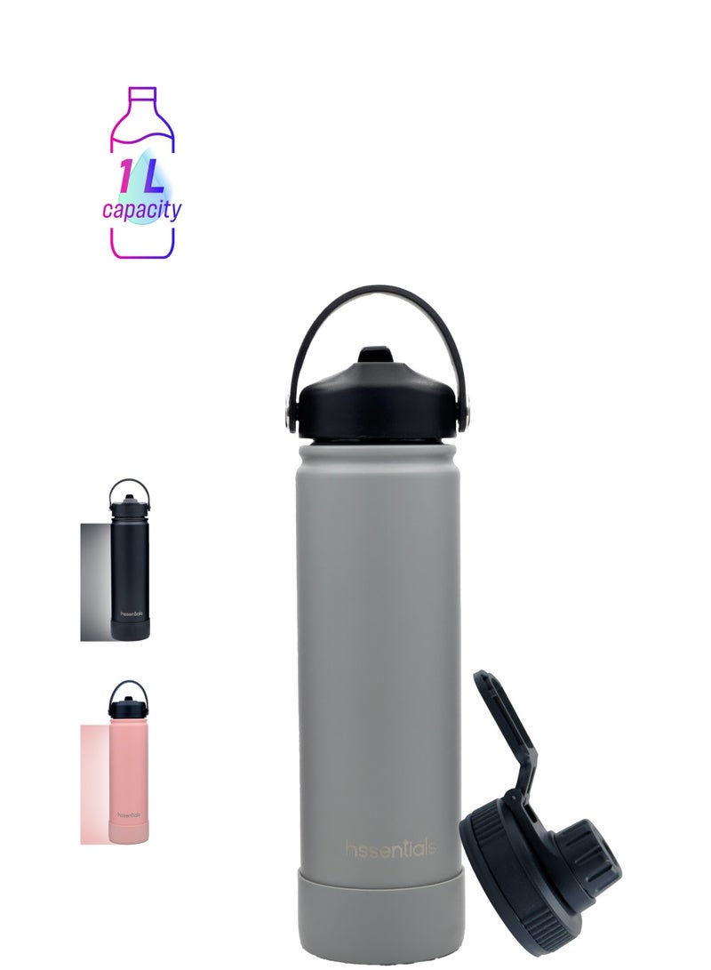 hssentials Stainless Steel Water Bottle Flask Double-Walled Vacuum-Insulated 2 Lids Eco-Friendly Perfect for Cold & Hot Drinks On The Go 100% Leakproof - Gym, School, Work, Travel (Smoke Grey) - Image 1