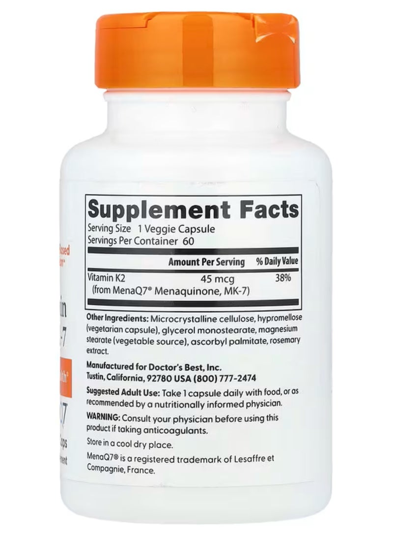 Doctor's BEST Natural Vitamin K2 MK-7 , 45 mcg, 60 Veggie Caps - Image 2