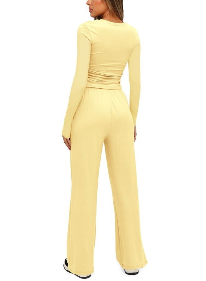 Darong Women's 2 Piece Sets 2025 Fall Outfits Long Sleeve Wide Leg Tracksuits Casual Lounge Set Matching Sets, Light Yellow(regular), XS - Image 2