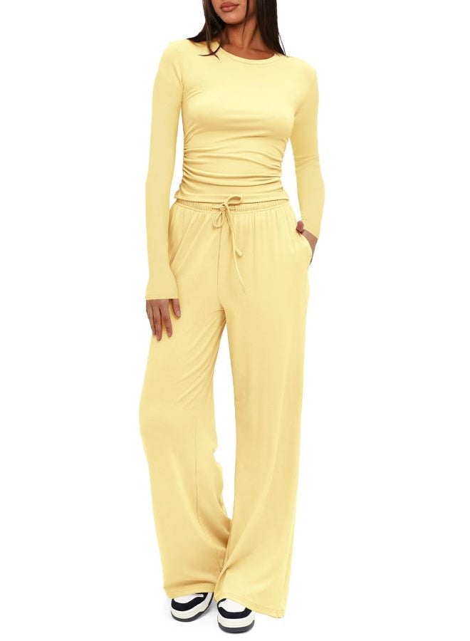Darong Women's 2 Piece Sets 2025 Fall Outfits Long Sleeve Wide Leg Tracksuits Casual Lounge Set Matching Sets, Light Yellow(regular), XS - Image 1