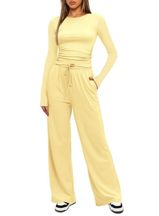 Darong Women's 2 Piece Sets 2025 Fall Outfits Long Sleeve Wide Leg Tracksuits Casual Lounge Set Matching Sets, Light Yellow(regular), XS - Image 3