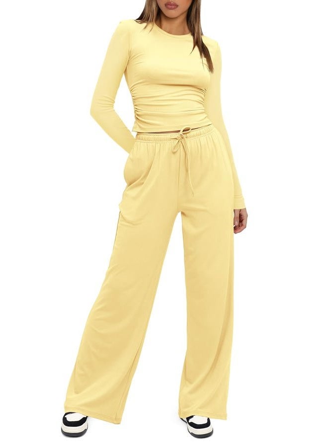 Darong Women's 2 Piece Sets 2025 Fall Outfits Long Sleeve Wide Leg Tracksuits Casual Lounge Set Matching Sets, Light Yellow(regular), XS - Image 4