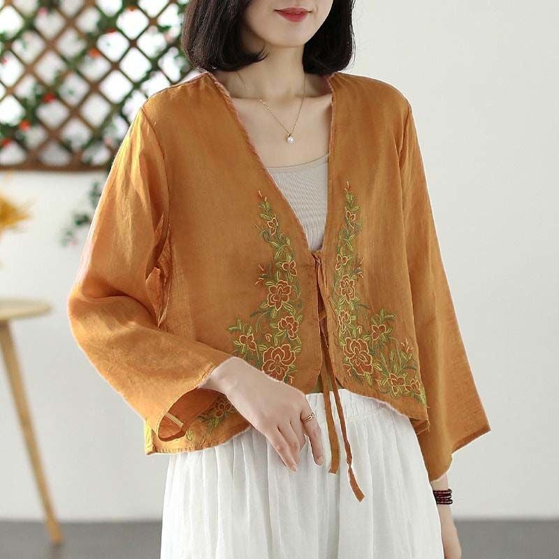 2024 Spring Autumn Embroidered Cotton Linen Shirt Women J#D43 Yellow  - Image 2