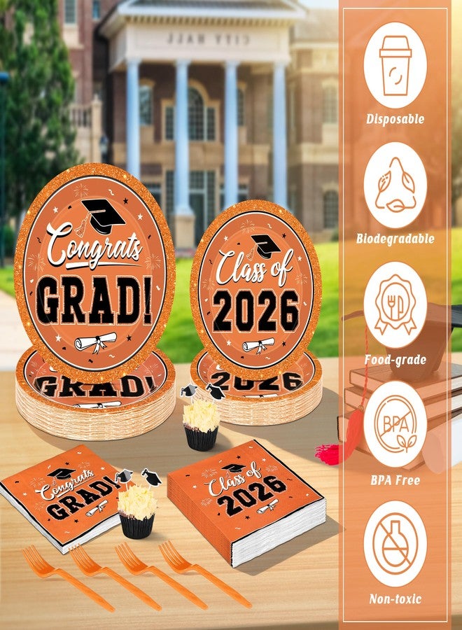 QZYL 50 Set Graduation Supplies 2026, Orange Graduation Plates and Napkins, Disposable Dessert Plates and Plastic Forks, 200Pcs Grad Party Tableware for Wedding, Birthday, Graduation - Image 4