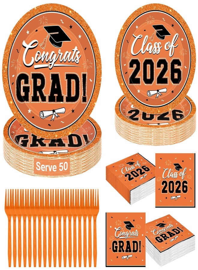 QZYL 50 Set Graduation Supplies 2026, Orange Graduation Plates and Napkins, Disposable Dessert Plates and Plastic Forks, 200Pcs Grad Party Tableware for Wedding, Birthday, Graduation - Image 1
