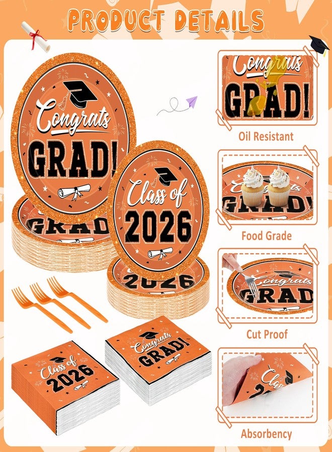 QZYL 50 Set Graduation Supplies 2026, Orange Graduation Plates and Napkins, Disposable Dessert Plates and Plastic Forks, 200Pcs Grad Party Tableware for Wedding, Birthday, Graduation - Image 3