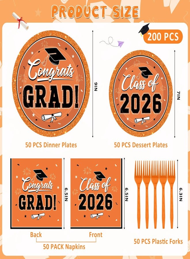 QZYL 50 Set Graduation Supplies 2026, Orange Graduation Plates and Napkins, Disposable Dessert Plates and Plastic Forks, 200Pcs Grad Party Tableware for Wedding, Birthday, Graduation - Image 2